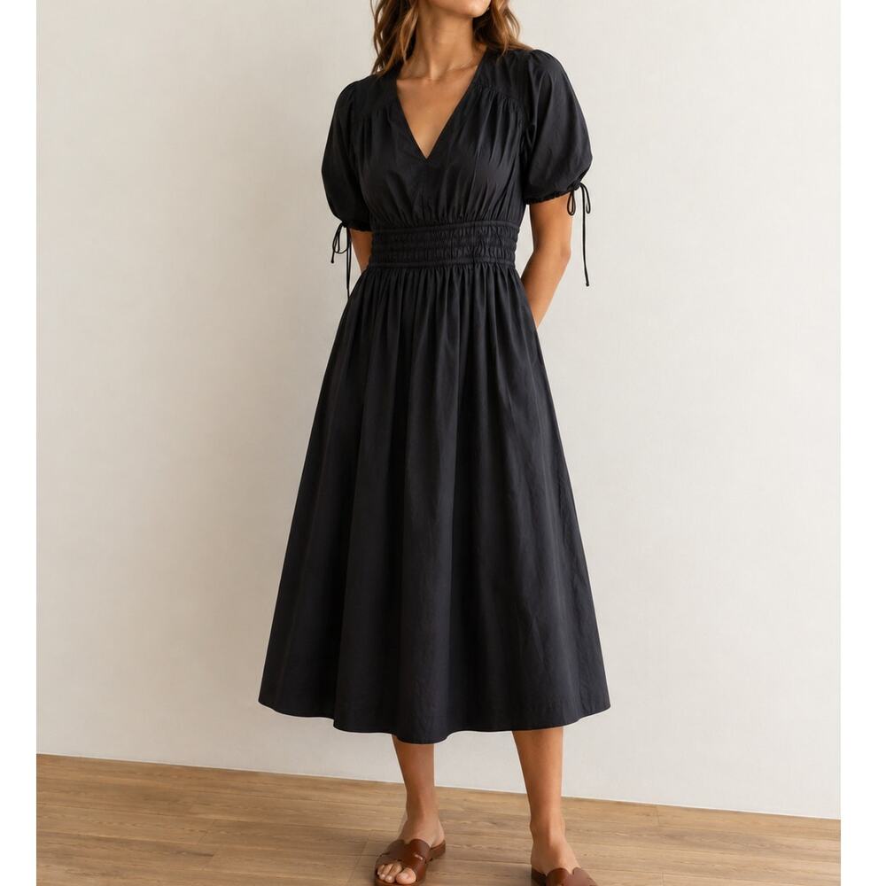 Black V-Neck Smocked Waist Midi Dress